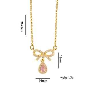 Sweet gold bow necklace with pink teardrop zircon and product size specifications