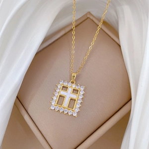 Elegant gold titanium steel necklace with square cross pendant and zircon inlay