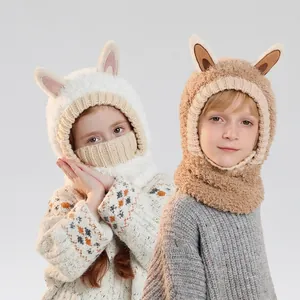 Cagoule D'hiver Pour Enfants Chapeau Écharpe En Peluche Intégrée Masque Oreilles D'animaux Tricoté Épais Chaud Coupe-vent Pour Filles Garçons