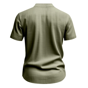 Close-up of olive green men's linen shirt showing collar and textured fabric detail