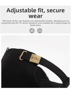 Detail of adjustable brass buckle and black fabric strap on back of baseball cap