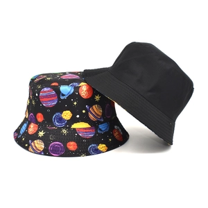 Starry sky print and plain black bucket hats for sun protection and outdoor beach wear