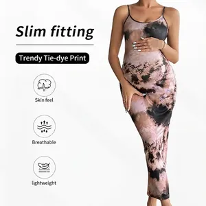 Slim fit maternity long dress with backless tie-dye pattern for a stylish look