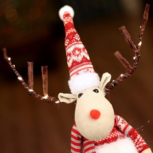 Macro detail of Christmas reindeer doll with glowing LED lights on brown antlers