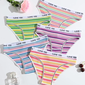 Womens Cotton Panties Ribbed Knit Rainbow Striped Low Waist Breathable Briefs With Letter Printed Waistband