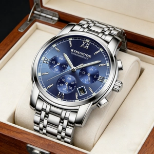 Detailed view of blue dial chronograph watch with stainless steel strap in wooden box