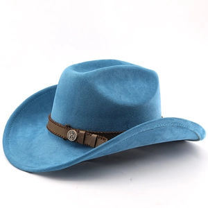 Detail of blue wool cowboy hat with brown leather band and nautical metal badge