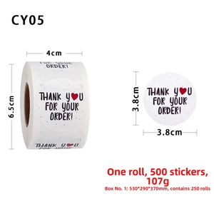 Detail showing 3.8cm diameter Thank You roll stickers with red heart and dimensions
