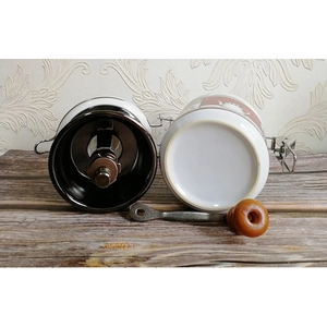Manual coffee grinder set with ceramic jar, stainless steel handle and wood knob