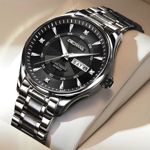 Detail of DEJIMA men's steel watch with black dial showing date and weekday display