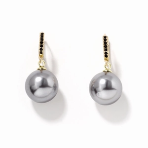 Elegant gold earrings featuring high-luster round grey pearls and black zircon accents