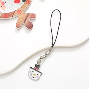 Miniature snowman phone strap with colorful enamel pendant and black lanyard cord