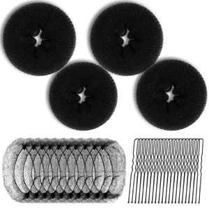 Detailed set of black hair styling tools including bun makers, hair nets and U-shaped pins