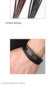 Detail view of woven leather bracelet featuring cross embossing and a magnetic clasp