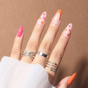 Faux Ongles Press On French Tip Forme Amande Orange Et Rose Brillant Motif Coeur Pour Manucure Femme
