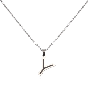 Detailed macro view of silver stainless steel letter Y pendant with black line accents