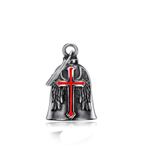 Polished stainless steel angel wings guardian bell pendant with red cross inlay