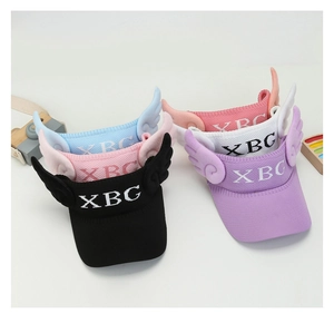 Close-up of children open top sun hats with knit texture and 3D wing decorations