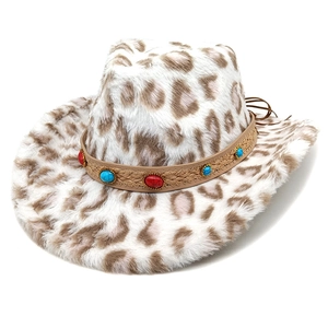 Faux fur leopard print cowboy hat with turquoise gemstone band and wide brim