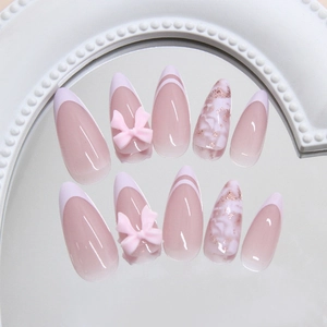 French style 3D pink bow press-on nails with marble texture and glitter ombre design