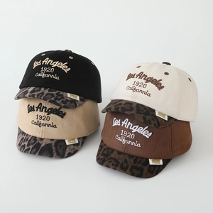 Kids baseball caps with leopard print brim and letter embroidery in four neutral colors