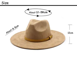 Size chart for brown wide brim suede fedora hat with crocodile pattern belt detail