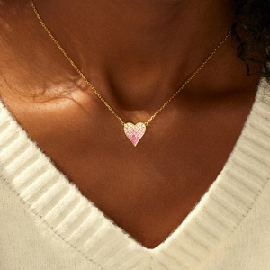 S925 sterling silver heart necklace with pink gradient zircon crystals on gold chain
