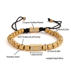 Detailed view of crown charm bead bracelet with dimensions and weight specifications