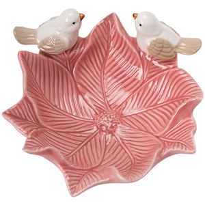 Pink ceramic leaf jewelry tray with two white birds decor on a clean white background