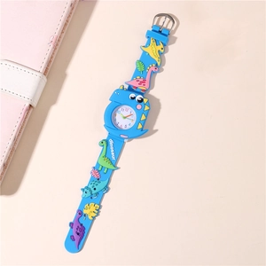 Detail of blue silicone kids watch band with 3D colorful dinosaur patterns and easy-read dial