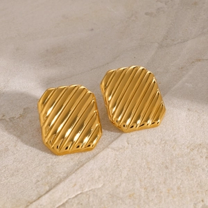 Detailed view of square gold earrings featuring diagonal grooved texture and 18K finish