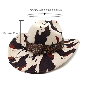 Western-Cowboyhut mit Kuhmuster, Vintage-Lederband und Herzschnalle aus Strasssteinen