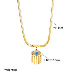 Golden snake chain necklace with evil eye pendant and fringe tassel in titanium steel