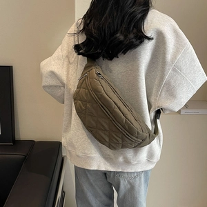 Army green quilted crossbody chest bag for women with nylon texture and zipper closure