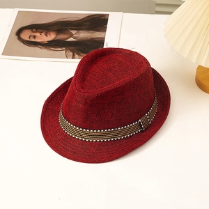 Classic dark red linen jazz hat with black and white striped ribbon for outdoor sun protection