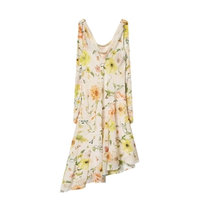 Robe fleurie crème élégante sans manches avec col bénitier et ourlet asymétrique