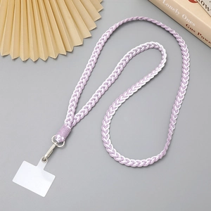 Detail of purple and white braided crossbody phone strap with metal clip and insert