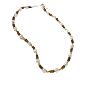 18K gold plated necklace with white pearls and brown tiger eye stones in a beaded design
