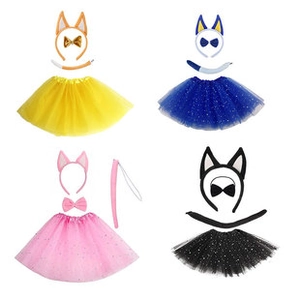 Detail view of kids Halloween devil horn headband and sequin tutu skirt costume set