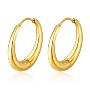 Polished 18K gold plated stainless steel hoop earrings for women on white background