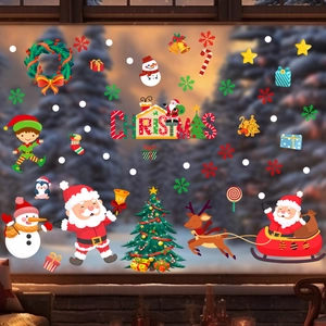Christmas Window Stickers PVC Static Cling Santa Claus Reindeer Snowman Glass Door Decals Holiday Home Decoration