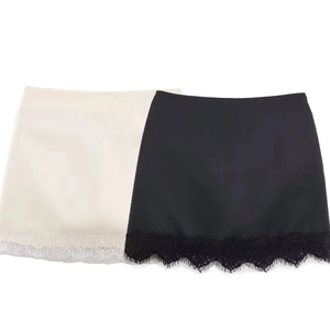 Women Satin Skort Sexy High Waist Mini Skirt With Eyelash Lace Trim Streetwear Aesthetic For Ladies