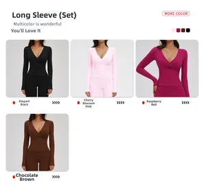 Detail of V-neck wrap yoga set showing black, pink, red and brown long sleeve sport suits