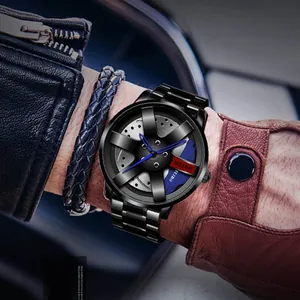 Close-up of a racing wheel hub watch with a blue brake caliper and a black steel band