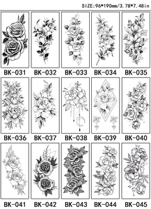 Catalog view of 15 black and white sketch flower temporary tattoos size 96x190mm