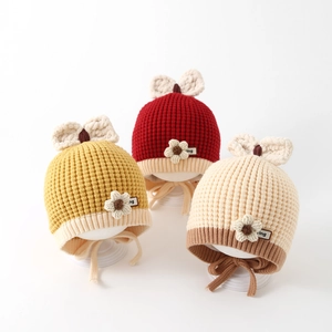 Baby Knitted Beanie Hat Warm Winter Ear Protection Cap With Tie Straps Cute Flower Bow For Toddler Girls