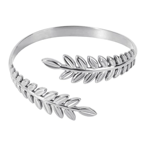 Macro view of silver leaf pattern cuff bracelet showing detailed vein textures