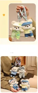 Close-up of plush bear pendants with hand-made outfits and braided colorful lanyards