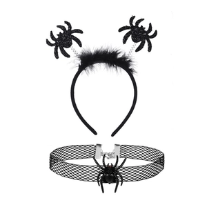 Detail of Halloween spider headband with feathers and matching mesh choker necklace set