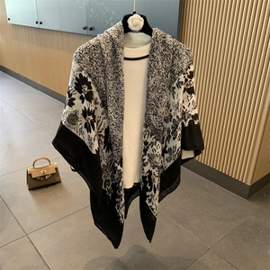 Elegant French style linen cotton scarf with black and white floral pattern for women